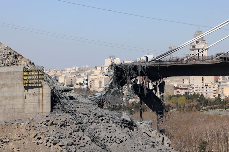 A view of the destruction at the B1 suspension bridge by a US airstrike in the city of Karaj. Photograph: Abedin Taherkenareh/EPA