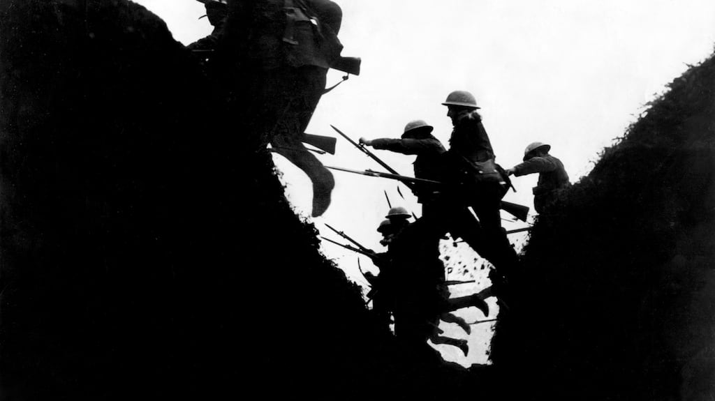 British soldiers go over the top in June 1916 to attack the German trenches somewhere in France. Photograph: Mirrorpix via Getty Images