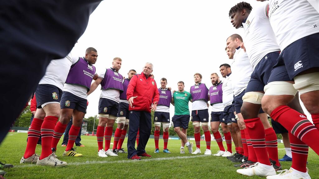 Members of the British & Irish Lions squad with head coach Warren Gartland at Carton House. Photograph: Billy Stickland/Inpho