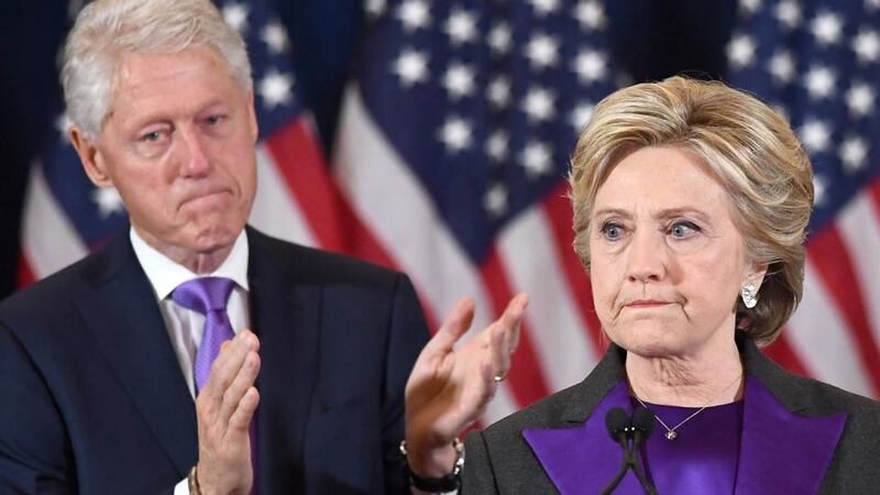 Donald Trump’s election: Hillary Clinton makes her concession speech, watched by her husband, Bill Clinton. James Comey had assumed from media polling that she was going to win. Photograph: Jewel Samad/AFP/Getty