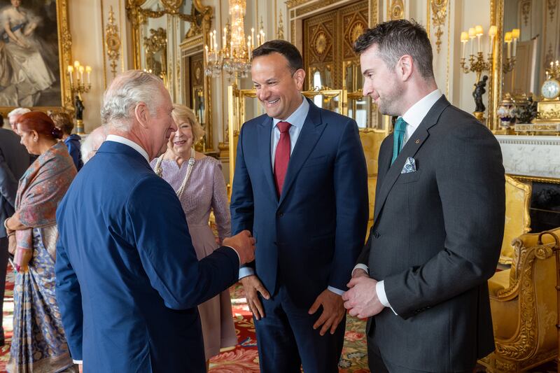 Taoiseach Leo Varadkar speaks to King Charles III during a reception at Buckingham Palace prior to the coronation. Photograph: Ian Jones.