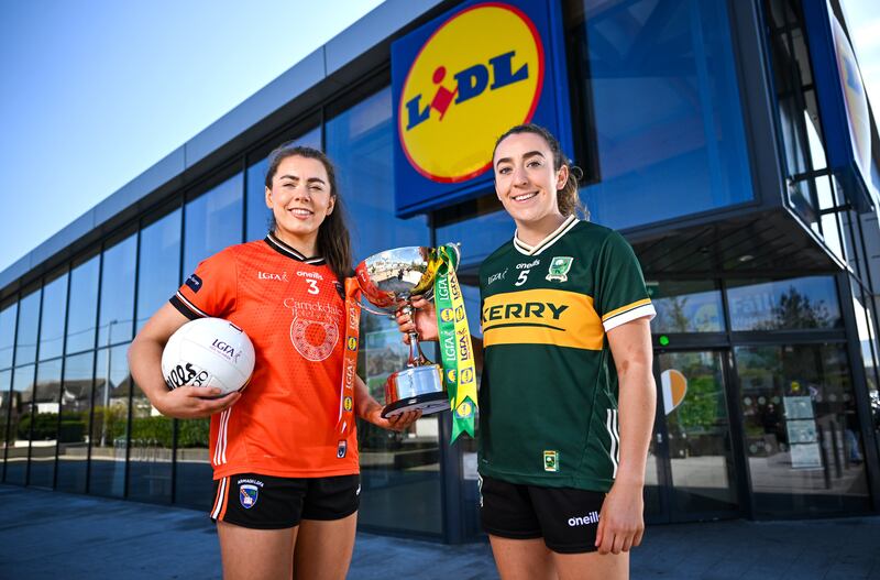 Clodagh McCambridge of Armagh and Aishling O’Connell of Kerry in advance of the Lidl Ladies National Football League final at Croke Park. Photograph: David Fitzgerald/Sportsfile 