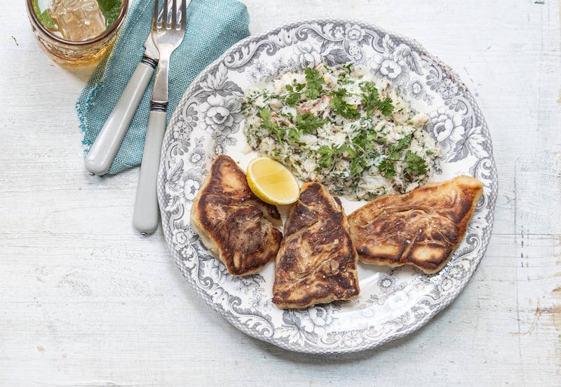 Crab mayo with charred potato bread. Photograph: Harry Weir