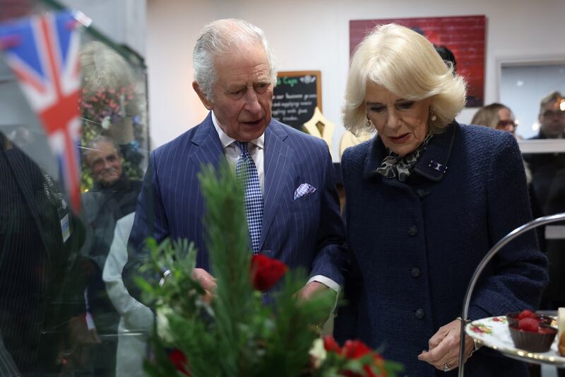 King Charles and the Queen Consort during a visit to London's Community Kitchen in Harrow to meet students and volunteers and to tour the facilities, including the surplus food market, the Cookery School and the Kind Cafe. Photograph: PA