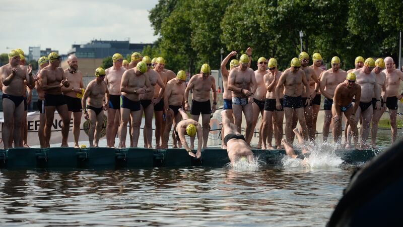 The annual Liffey Swim from Watling Street Bridge to the Customs House in Dublin on Saturday.Photograph: Dara Mac Donaill / The Irish Times