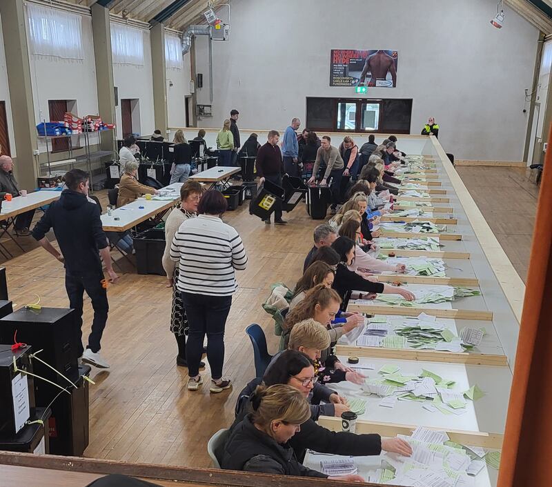 Sorting of votes from the Roscommon-Galway constituency gets underway at the Hyde Centre, Roscommon town. Photograph: Richard Canney