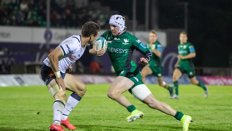 Mack Hansen on his way to scoring a try on his home debut for Connacht against the Bulls in the United Rugby Championship. Photograph: Morgan Treacy/Inpho