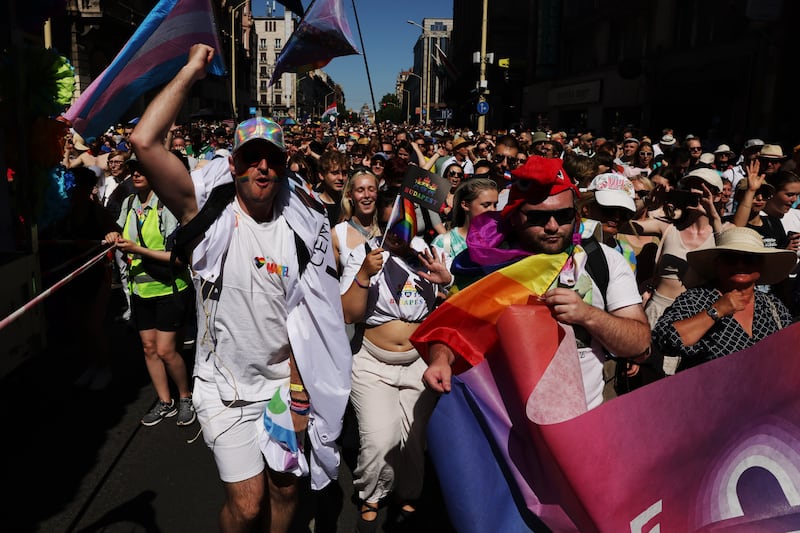 Participants march in the Budapest Pride parade on Saturday. Photograph: Janos Kummer/Getty Images