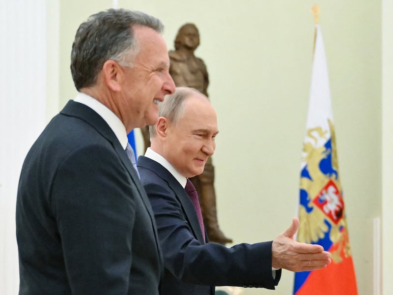  Russian president Vladimir Putin  greets US Special Envoy Steve Witkoffin April. Photograph: Kristina Kormilitsyna/AFP via Getty Images         