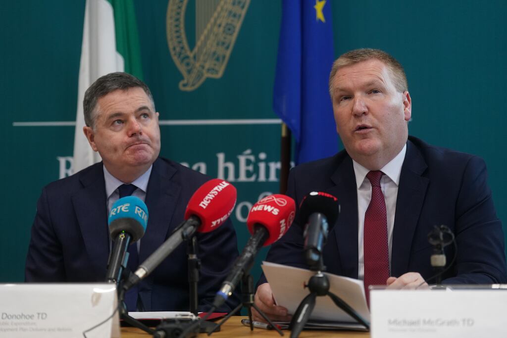 Minister for Public Expenditure Paschal Donohoe and Minister for Finance Michael McGrath following the publication of the 2023 exchequer statement. (Photo: Brian Lawless/PA Wire)