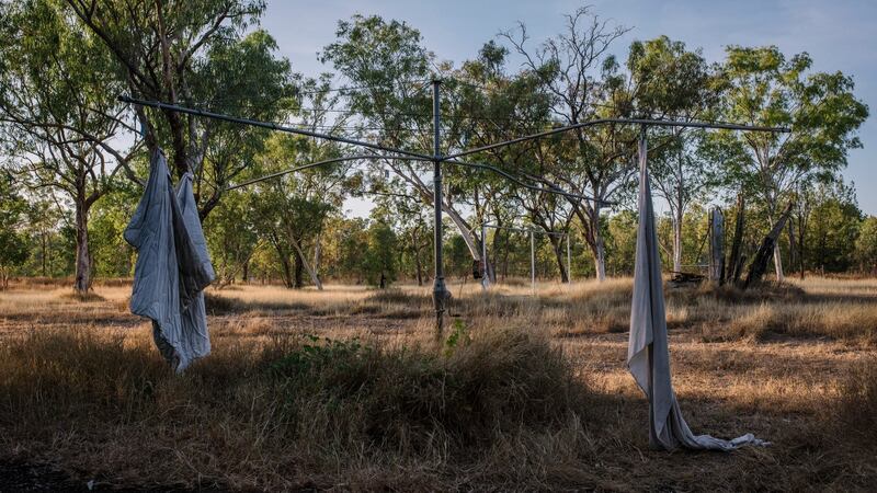 Clothing still hangs from a line in Paddy Moriarty’s yard, months after he was last seen. Photograph: Adam Ferguson/The New York Times