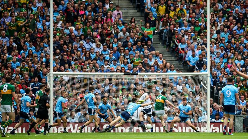 James McCarthy, on the line, gets ready to stop  Paul Geaney’s goal-bound shot. Photograph: Inpho/James Crombie Dublin’s James McCarthy. Photograph: Inpho/James Crombie