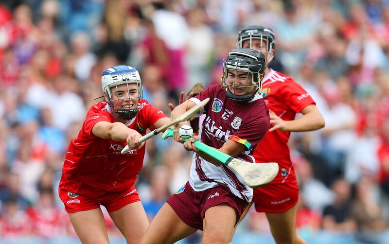 Cork's Meabh Cahalane attempts to block a shot from Galway's Aoife Donohue. Photograph: Bryan Keane/Inpho