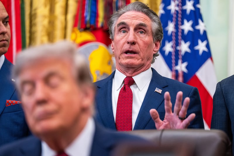 US president Donald Trump makes an announcement from the Oval Office with United States secretary of the interior Doug Burgum.  Photograph: Alex Kent/The New York Times
                      