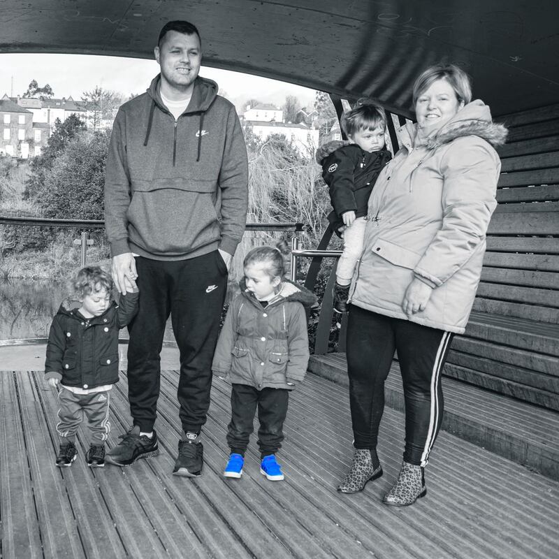 Louise O’Leary, who lives in a hub in Cork, with her partner, Alex, and children, Anthony, Shane and Aoife. Photograph: Michael Mac Sweeney/Provision