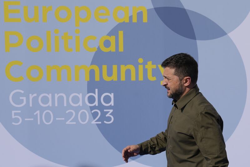  Ukraine's president Volodymyr Zelenskiy arrives at the European Political Community summit at the Palacio de Congreso in Granada, Spain, on Thursday. Photograph: Paul Hanna/Bloomberg