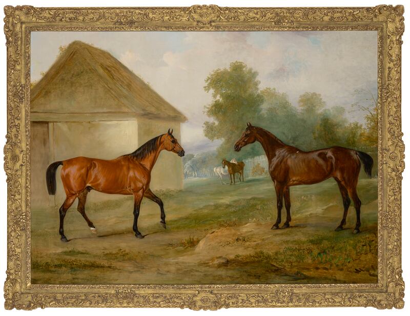 Robert Grosvenor’s two Hunters outside a Field Shelter at Moor Park, John E Ferneley