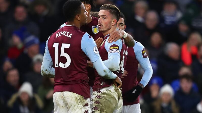 Jack Grealish   celebrates with teammates after scoring against  Brighton. Photo:  Dan Istitene/Getty Images