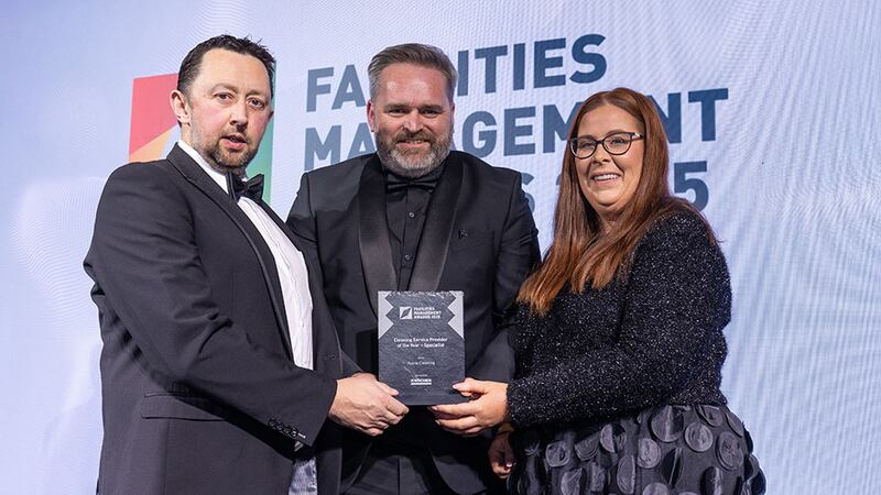 Mark Keeley, sales manager at Kärcher Ireland, presents the cleaning service provider of the year - specialist award to Aisling Ryan and Adrian Ryan, Ryans Cleaning