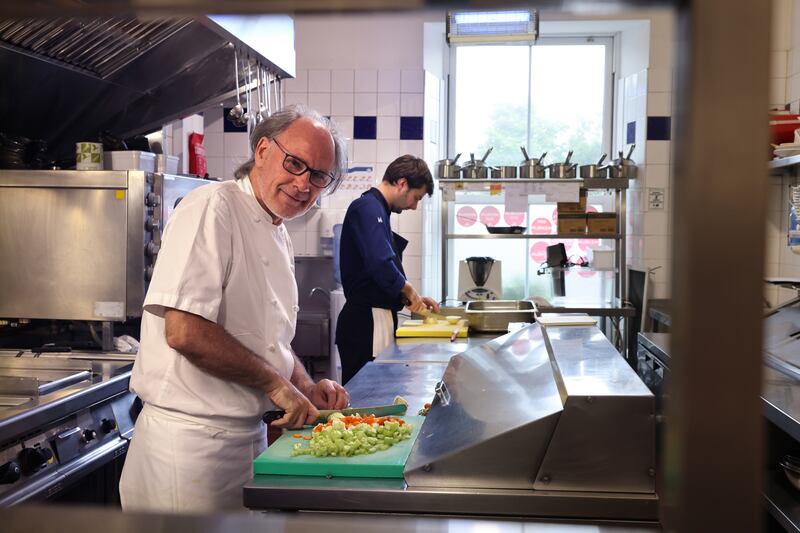 Aidan McGrath, chef-patron of the Michelin-starred Wild Honey Inn, in Lisdoonvarna, in the kitchen with his colleague Daniel Madrutter. Photograph: Dara Mac Dónaill