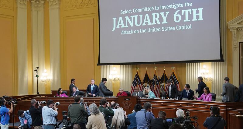 Committee members take their seats as they arrive at the second hearing held by the Select Committee to Investigate the January 6th attack on the US Capitol in June 2022 on Capitol Hill in Washington, DC. Photograph: Mandel Ngan/Getty