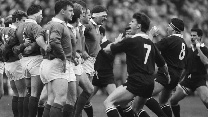 Team captain Willie Anderson, Jonathan's father, and the rest of the Ireland side famously face down New Zealand as the All Blacks preform the haka at Lansdowne Road in 1989. Photograph: Billy Stickland/Inpho