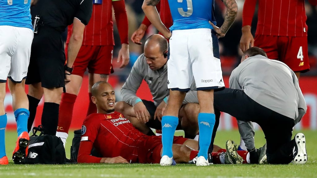 Fabinho suffered ankle ligament damage in Liverpool’s Champions League match with Napoli and will be out of action until the New Year, the club have announced. Photo: Martin Rickett/PA Wire