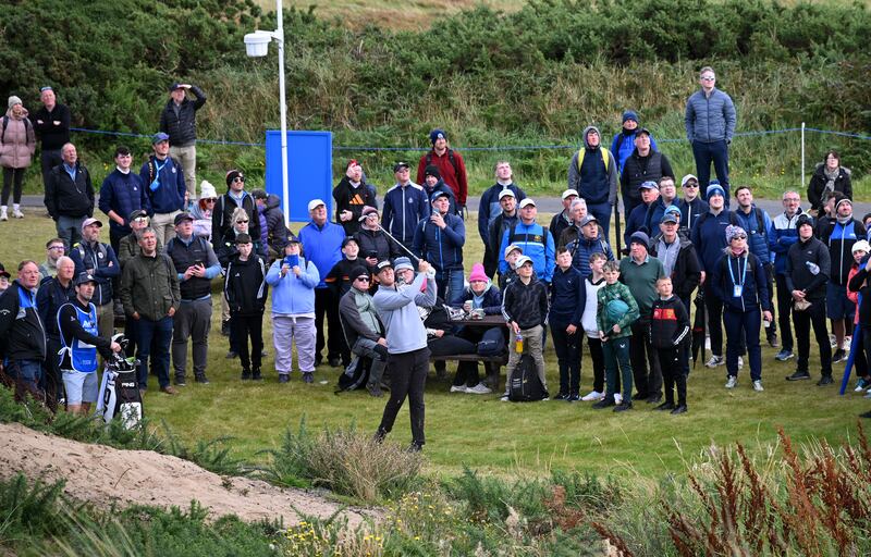 Séamus Power plays a shot from a concessions area at the side of the eighth hole during day two of the Amgen Irish Open 2024 at Royal County Down GC in Newcastle, Northern Ireland. Photograph: Ross Kinnaird/Getty Images