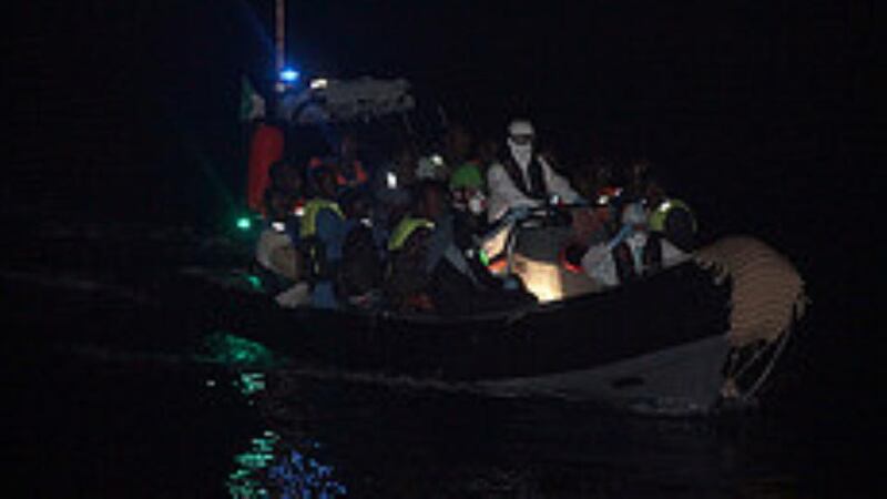 The LÉ Niamh rescuing 225 people off the coast of Libya on Saturday night. Photograph: Defence Forces