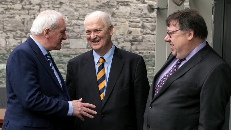 Former taoisaigh John Bruton (centre), Bertie Ahern (left) and Brian Cowen at the Brexit conference in Dublin’s Mansion House on Monday. Photograph: Chris Bellew/Fennell
