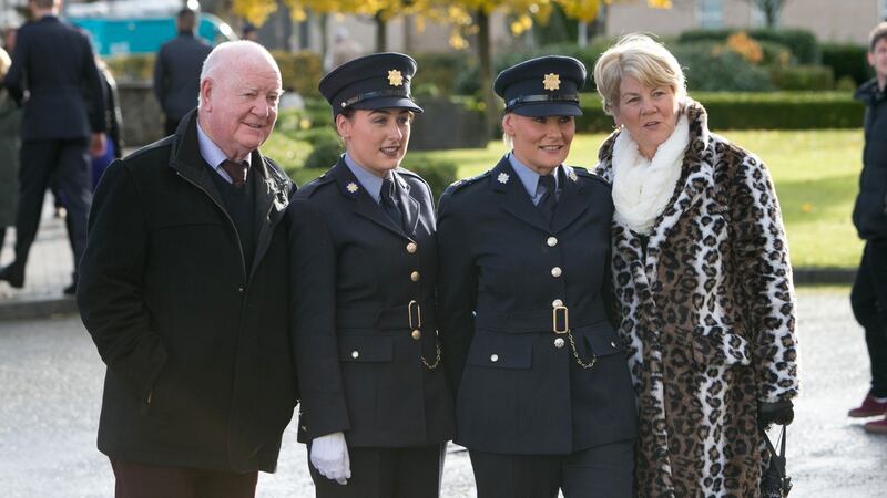 Probationer Garda Gemma Crampsie with her mother Garda Madeline Crampsie and grandparents Gerry and Greta Daley in  Templemore. Photograph: Brian Gavin/Press 22