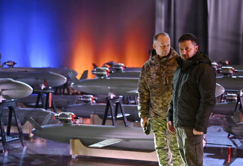 Volodymyr Zelensky, right, and military commander Oleksandr Syrsky with Ukrainian-made 'Peklo' (hell) drone missiles in December 2024. Photograph: Genya Savilov/Getty