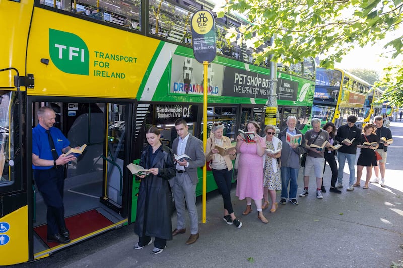 Ulysses is for everyone, is the message from immunologist Professor Cliona Farrelly (fourth left) who teamed up with Dublin Bus driver Kevin Anderson and other James Joyce enthusiasts to launch the 2023 version Ulysses in 80 summer book club.