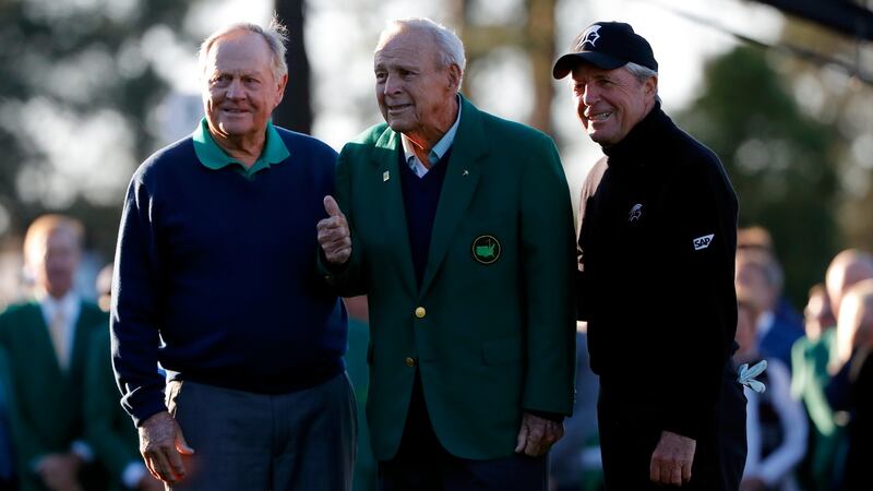 Arnold Palmer (centre) pictured  with fellow honorary starters Jack Nicklaus and  Gary Player at the 2016 Masters tournament    in Augusta, Georgia. Photograph: Kevin C. Cox/Getty Images