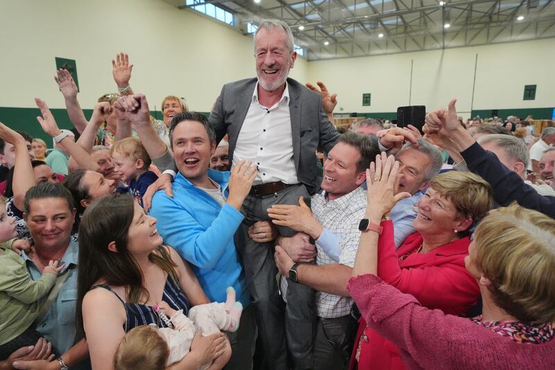 Sean Kelly celebrates with friends, family, and supporters after becoming the first MEP to be elected in Ireland's European elections at Nemo Rangers GAA club in Cork, Ireland, during the count for the European elections. Picture date: Monday June 10, 2024. PA Photo. Mr Kelly, a former GAA President, won 122,777 votes in the Ireland South constituency, surpassing the quota of 114,761. 
