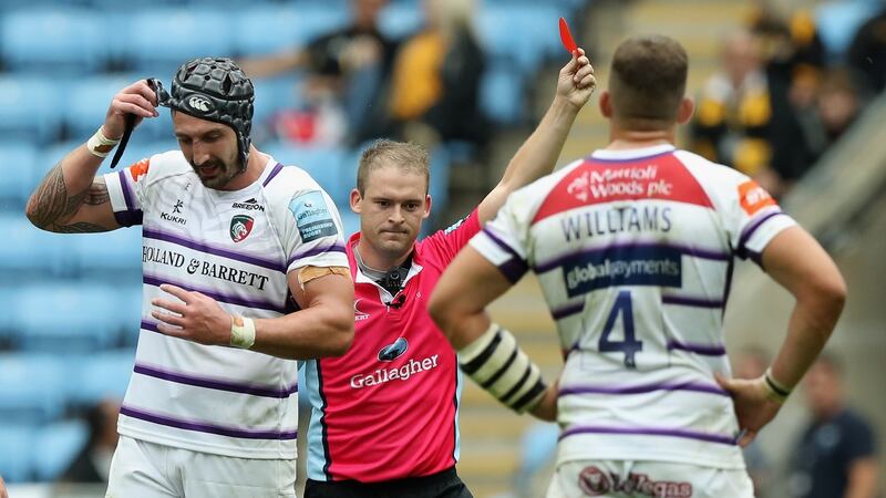Will Spencer  is sent off by referee Ian Tempest after a high tackle on Wasps’ Tommy Taylor. Photo: David Rogers/Getty Images