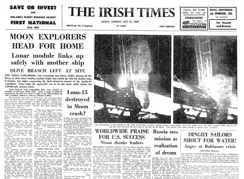 ‘Moon explorers head for home’: The front page of The Irish Times on July 22nd