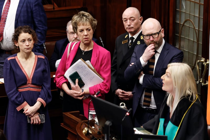 Labour Party leader, Ivana Bacik TD, with party colleagues, Marie Sherlock TD and Ged Nash TD, in the Dail chamber as Ceann Comhairle, Verona Murphy TD suspends Dail proceedings for the day. Photograph: Maxwells/PA Wire