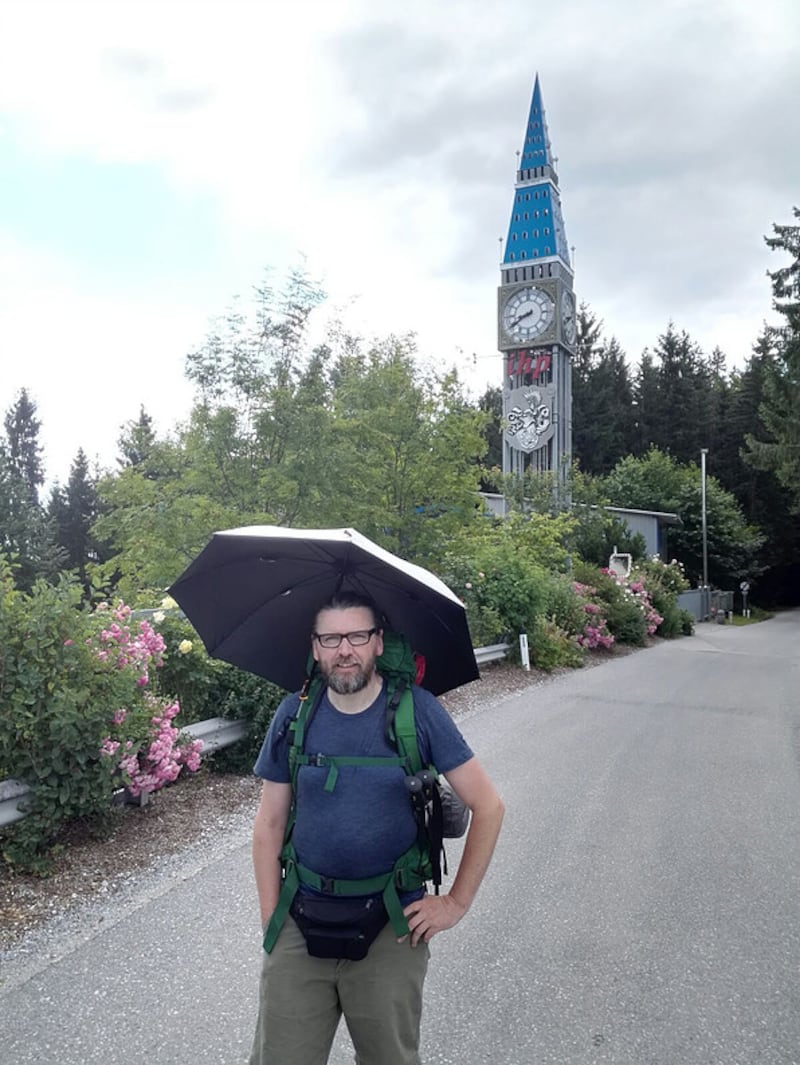 Eamonn  Donnelly’s all-weather, sun and rain protection for his epic walk.