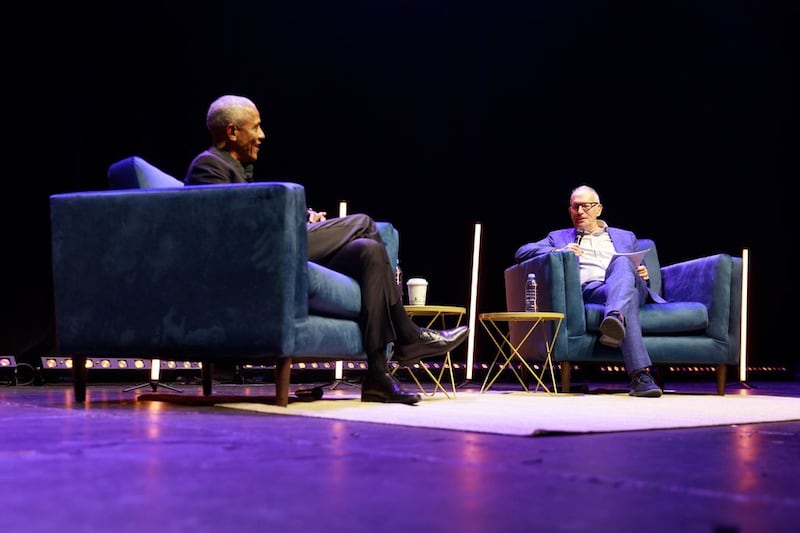 Barack Obama being interviewed by Fintan O'Toole.