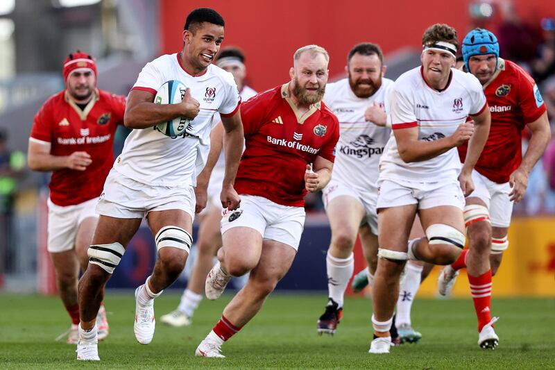 Ulster's Cormac Izuchukwu with ball in hand makes a break against opponents Munster in the URC fixture earlier in June. Photograph: Ben Brady/Inpho