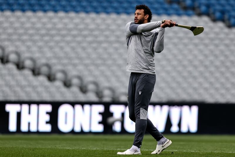 Courtney Lawes tries his hand at hurling during Northampton Saints' Captain's Run at Croke Park. Photograph: Ben Brady/Inpho 