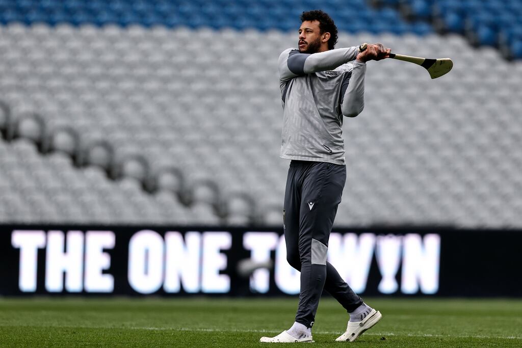Northampton's Courtney Lawes tries his hand at hurling. Photograph: Ben Brady/Inpho