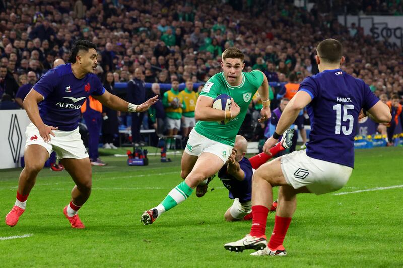 Ireland's Jack Crowley runs at the French defence in Six Nations game in Marseille on Friday night. Photograph: Clement Mahoudeau/AFP via Getty Images