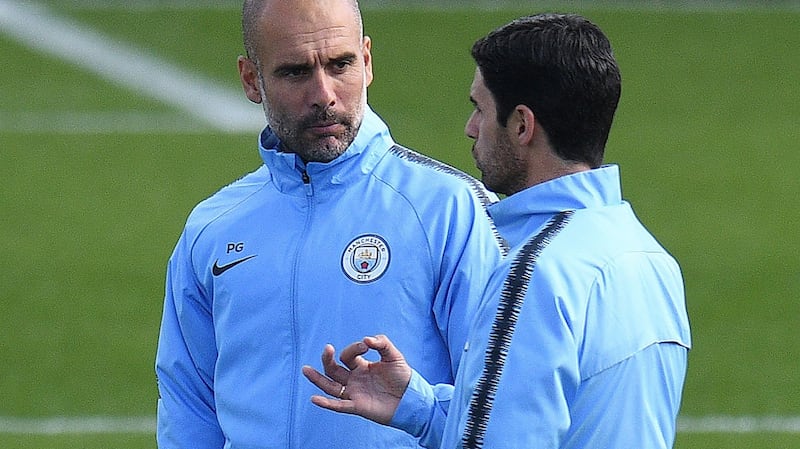 Times past: Manchester City boss Pep Guardiola and his then assistant Mikel Arteta during training at City Football Academy in Manchester. Photograph: Getty Images