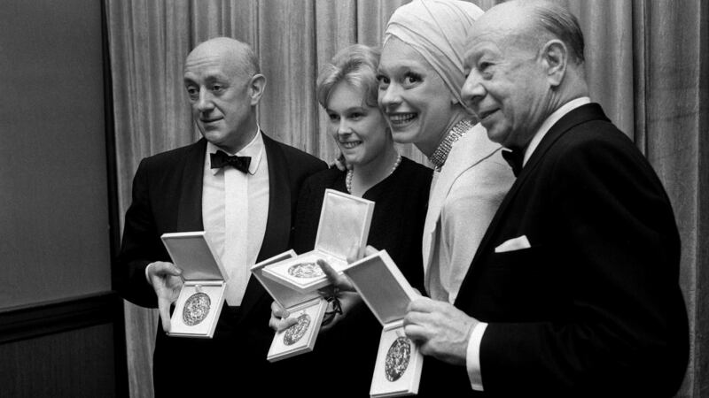 Carol Channing joins fellow Tony Award winners Alec Guinness, Sandy Dennis and Bert Lahr  after the awards ceremony in New York on May 24th, 1964. Photograph: Larry C. Morris/The New York Times