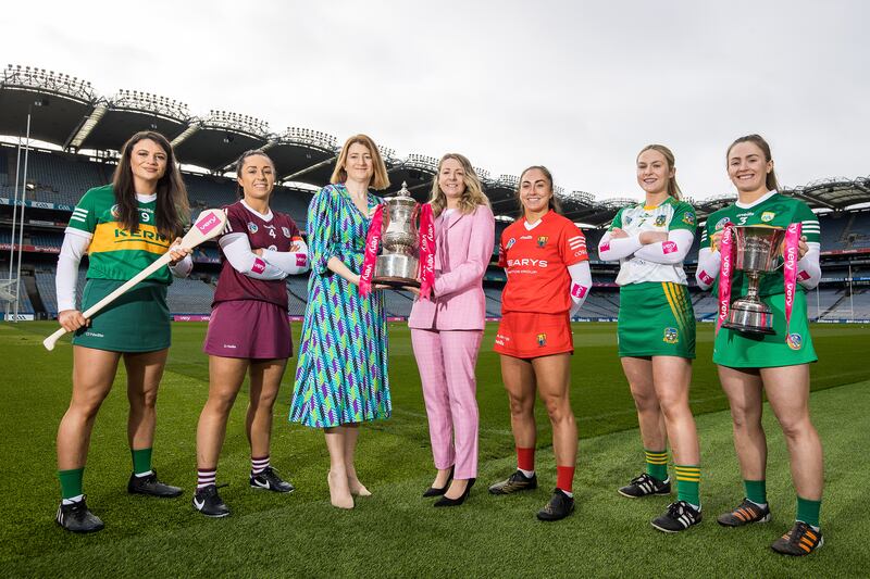 Cork’s Amy O’Connor, Galway’s Dervla Higgins, Kerry’s Sara Murphy and Clodagh Walsh and Meath’s Ellen Burke pictured in Croke Park at the launch of the camogie league finals. Photograph: Laszlo Geczo/Inpho