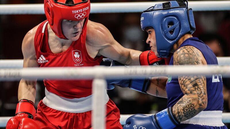 Ireland’s Kellie Harrington in action during her Olympic lightweight final against Brazil’s  Beatriz  Ferreira in Tokyo. Photograph: James Crombie/Inpho