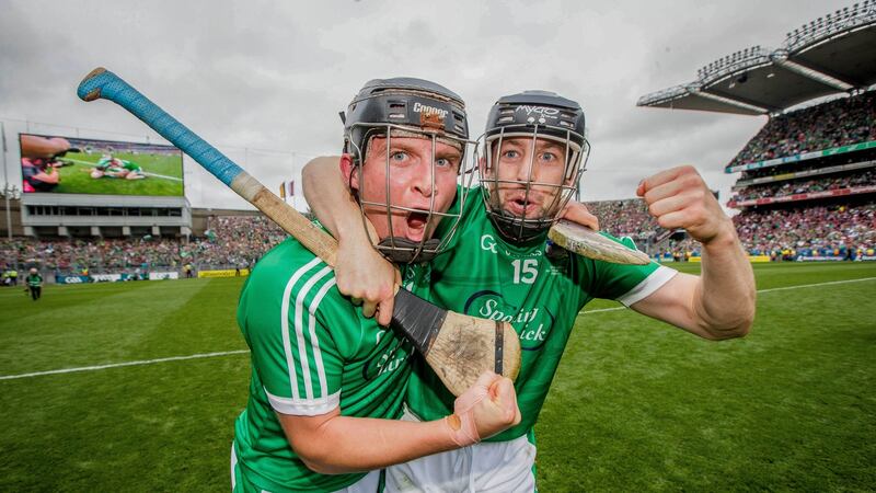 Peter Casey and Graeme Mulcahy after Limerick’s All-Ireland final win. Photograph: Ryan Byrne/Inpho