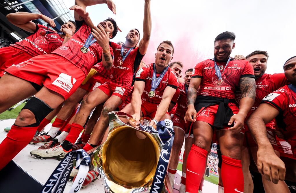 Toulouse’s Antoine Dupont lifts the Champions Cup after the victory over Leinster at Tottenham Hotspur Stadium in May. Photograph: Dan Sheridan/Inpho